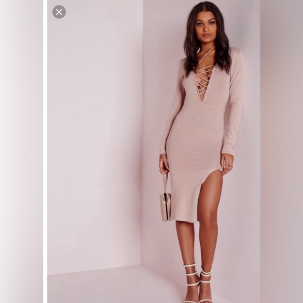 Missguided Pink Nude Mauve Knit Bodycon Midi Dress Lace Up Deep V-Neck Size 8